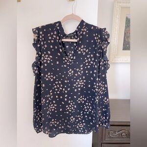 Ann Taylor Navy Cream Floral V Neck Cold Shoulder Ruffled Blouse Size M